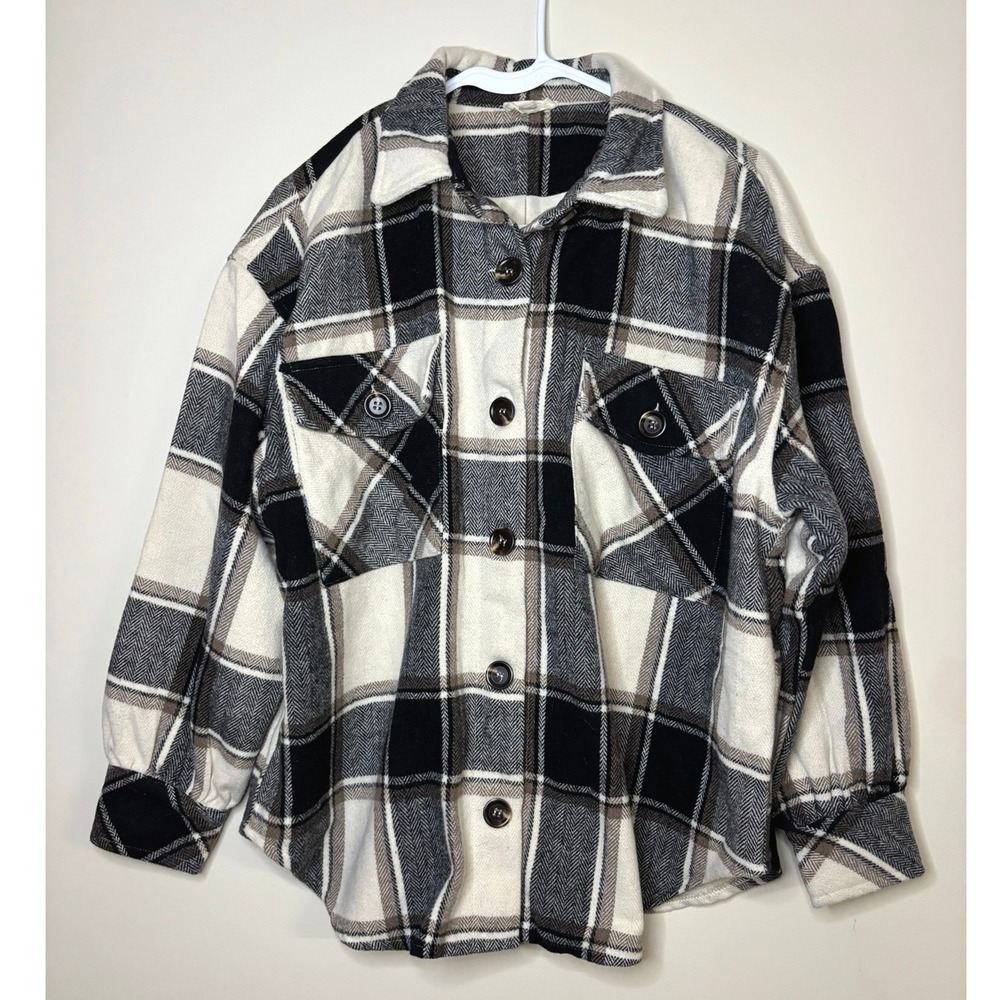 Ott Black‎ White Tan Plaid Button Front Shirt Shacket Jacket Womens S/M Neutral